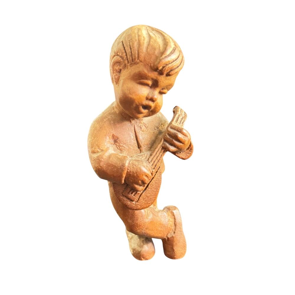 VTG Handcarved Wooden Boy Child‎ Playing Instrument  Mandolin Lute
